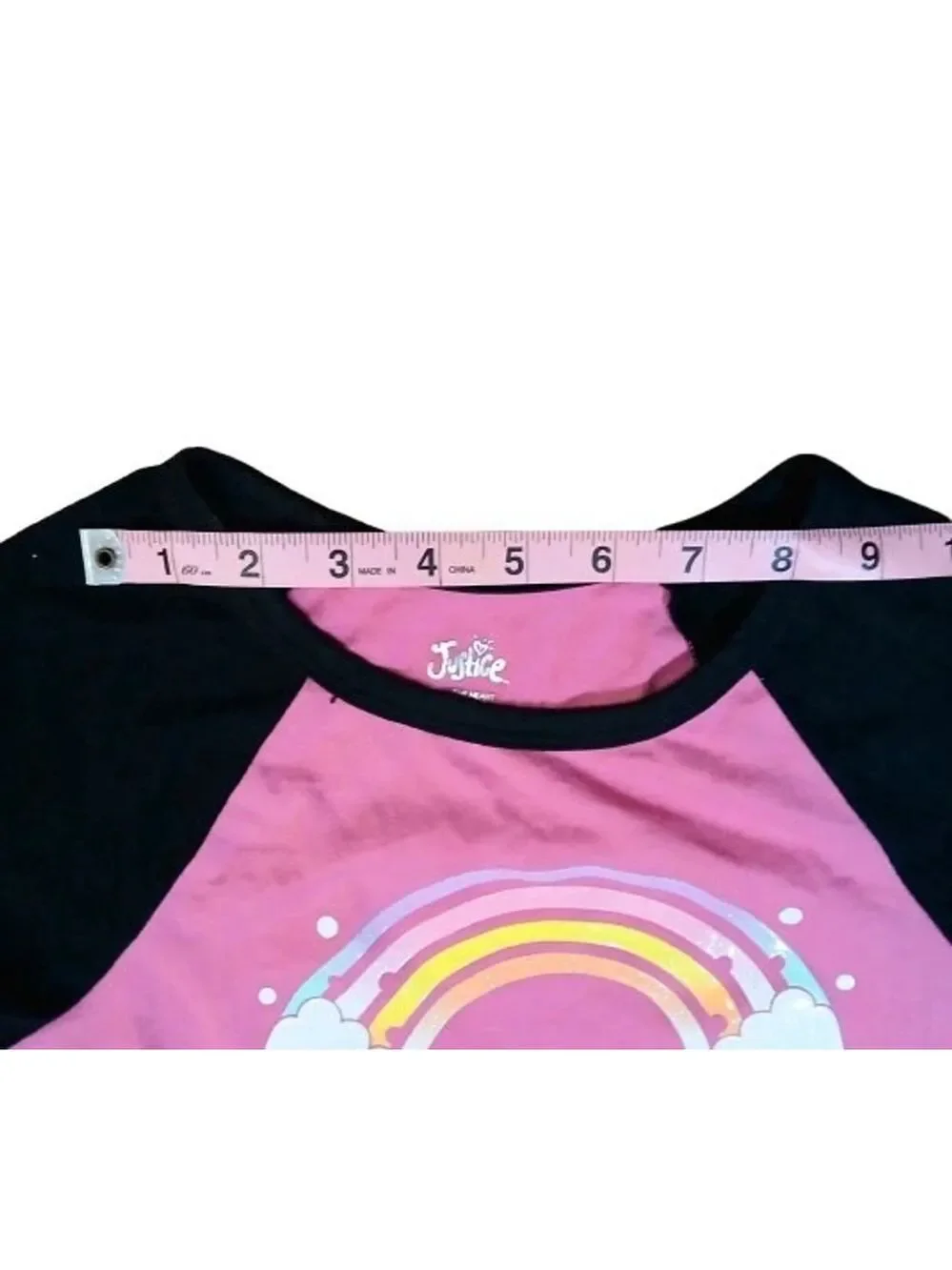Justice Girls Knot Front Tie T-Shirt Pink Rainbow Glittery Top Size 7/8 Small